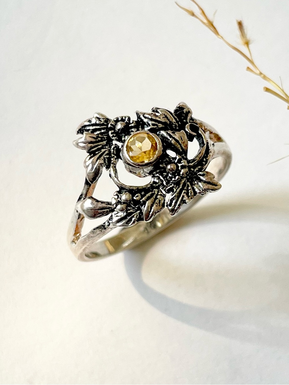 925 Sterling Silver Ring with natural Citrine floral ring US: 9